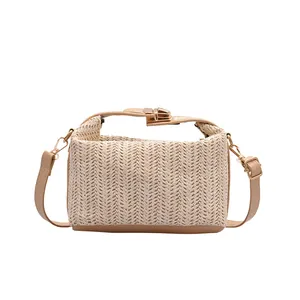 Minimalist straw woven crossbody bag with brown leather trim and golden metal clasp