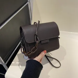 Minimalist dark brown crossbody bag with adjustable strap and resin chain detail