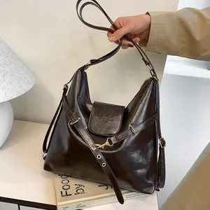 Vintage PU Leather Large Capacity Hobo Bag For Women 2024 New Versatile Shoulder Tote Bag Retro Multi Use Backpack