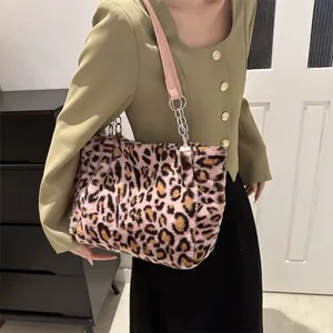 Pink leopard print faux fur tote bag with stylish chain strap for autumn winter fashion