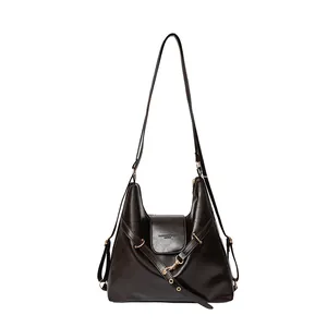 Retro dark brown PU leather tote bag with adjustable straps and polished gold hardware