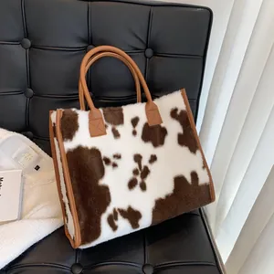 Borsa Tote da Donna in Peluche con Stampa Animale Moda Vintage Grande Capacità Pelliccia Sintetica Leopardo Mucca Borsa a Spalla