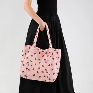 Pink corduroy tote bag with strawberry print and large capacity for women