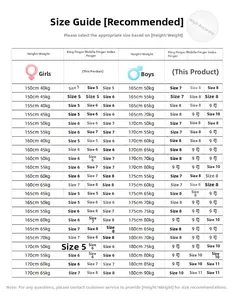 Size chart for titanium steel rings showing height and weight guides for men and women