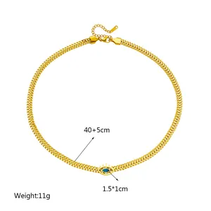 Gold-tone evil eye necklace with blue gem and layered flat chain, size 40+5cm