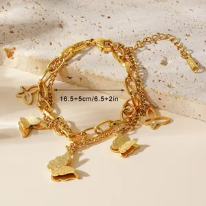 Bracelet double couche en acier inoxydable plaqué or 18 carats avec papillons