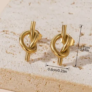 Minimalist gold knot stud earrings with polished metallic finish for women, size 1.7x0.6cm