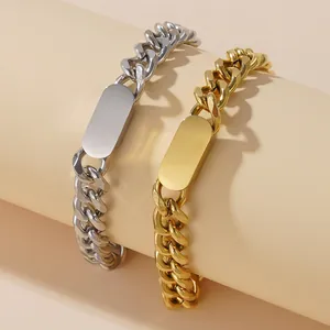 Gold and silver Cuban link bracelets with smooth oval metal plates on cylindrical props