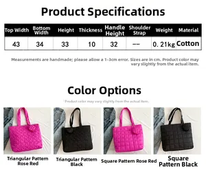 Größentabelle für große gesteppte Baumwoll-Shopper mit Maßen und Farbdetails
