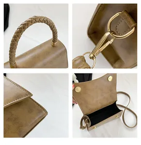 Vues détaillées du sac en cuir marron avec poignée tressée et fermoirs magnétiques dorés