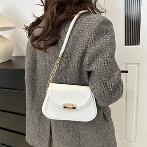 Elegant white semi-circle leather shoulder bag with gold chain strap for women