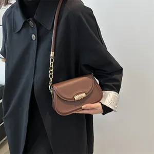 Brown minimalist shoulder bag with golden metallic clasp and chain strap on a black coat