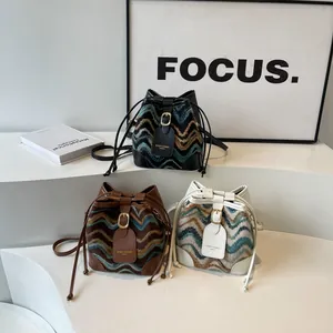 Women Fashion Zigzag Knit Bucket Bag Tweed Synthetic Leather Contrast Splicing Drawstring Crossbody Shoulder Bag