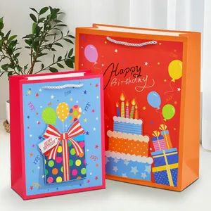 Vertical birthday gift bags with colorful 3D patches and glitter Happy Birthday text