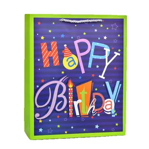 Deep blue Happy Birthday gift bag with 3D colorful letters and silver woven handles