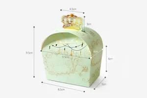 Detailed dimensions of a light green crown gift box with gold foil patterns and scrollwork