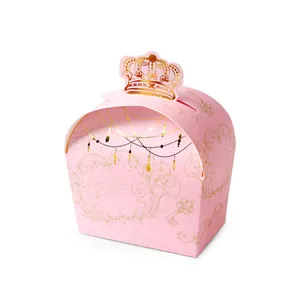 Pink crown-shaped gift box with gold foil vintage patterns and elegant handle