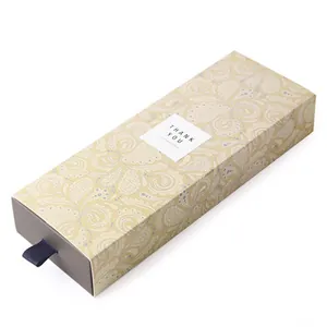 Detail of vintage paisley pattern drawer gift box with blue silk pull and Thank You tag