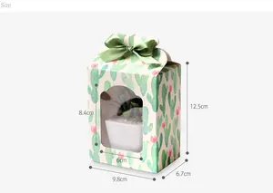 Detail view of foldable gift box with PVC window, size labels and silk bow decoration