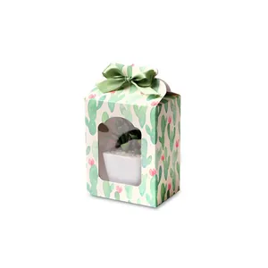Foldable window gift box with cactus print and green silk ribbon in a 45-degree view