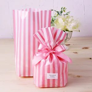 Pink striped PP gift bags with THANK YOU stickers and satin ribbons for cookies