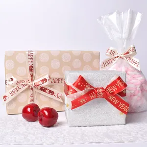 20mm Happy New Year polyester ribbon for festive gift wrapping with Fu character design