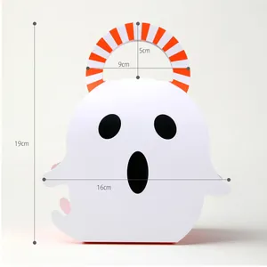 Detail view of cartoon ghost Halloween gift box with dimensions 19cm height and 16cm width