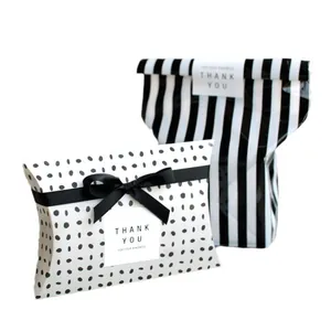 Polka dot pillow gift box and striped paper bag with decorative Thank You square stickers