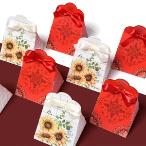 Chinese Style Wedding Candy Box Triangle Gift Box With Satin Ribbon Red Double Happiness White Sunflower Party Favor Packaging