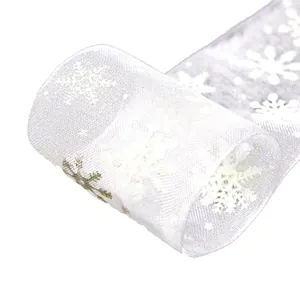 White snowflake print sheer organza ribbon roll for Christmas gift wrapping and decoration