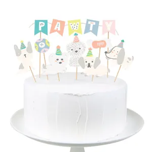 Set decorazioni torta compleanno per cani con bandierine PAWTY e cuccioli in colori pastello