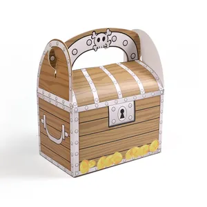 Pirate treasure chest gift box with wood grain texture and skull handle for parties