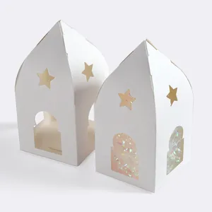 Scatola Regalo Bianca a Forma di Casa Moschea Traforata per Ramadan Eid Al-Fitr Confezione in Carta per Dolci e Biscotti Con Stelle e Luna