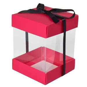 Scatola regalo trasparente pieghevole rosa con nastro nero per torte e bambole