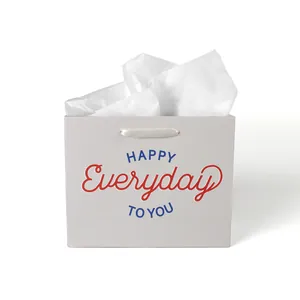 Elegant gray square gift bag with Happy Everyday message and white ribbon handles