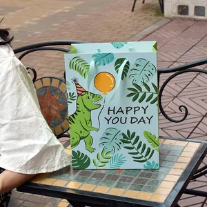 Cartoon Dinosaur Gift Paper Bag With Satin Ribbon Handle Cute Tropical Leaves Pattern Party Favor Bag For Birthday Kids