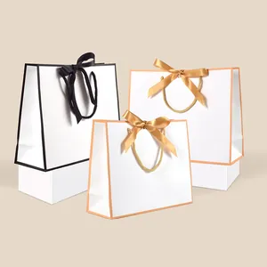 Minimalist White Cardboard Paper Gift Bag With Satin Ribbon Bow Gold Black Border Tote Shopping Handbag For Wedding Party