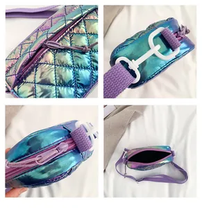 Detailansichten der metallisch blau-violetten Stepptasche mit Reißverschluss und Gurt