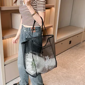 Bolso tote minimalista de malla negra de gran capacidad en tejido de nailon transparente
