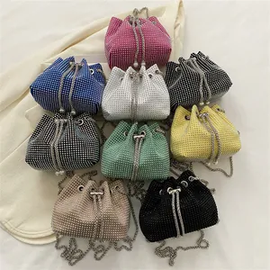 Mode Vrouwen Strass Emmer Tas Fonkelende Kristallen Avondtasje Ketting Crossbody Tas Met Parel Trekkoord PU Leer