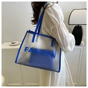 Detail of blue waterproof tote bag with translucent texture and fashion lettering