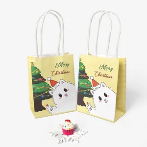 Mini yellow Christmas gift bags with cartoon cat patterns and white rope handles