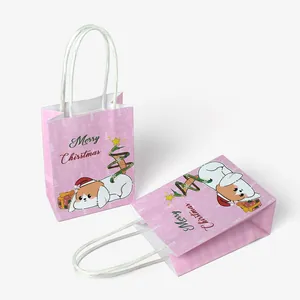 Pink Christmas gift bags featuring cute cartoon dog and snowflakes with woven handles