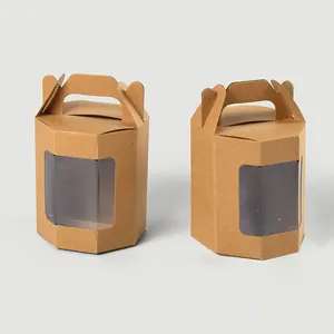 Scatola regalo esagonale in carta kraft marrone con manico e finestra trasparente