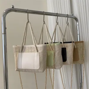 Sac À Bandoulière En Paille Tissée Pour Femmes Sac Fourre-Tout Décontracté Avec Poignée En Corde De Coton Et Chaîne