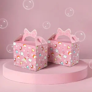 Pink cartoon gift boxes with cat illustrations and bow handles for candy packaging