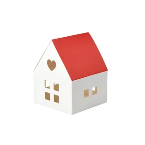 Cajita de regalo casita con techo rojo y corazón calado para dulces y galletas de boda