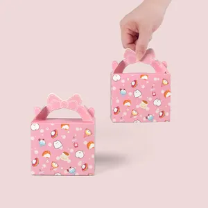 Pink gift box with cute cat patterns and a bow-shaped handle for candy and snacks