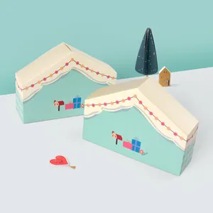 Scatole regalo a forma di casa verde menta con illustrazioni festive, set da 2 pezzi