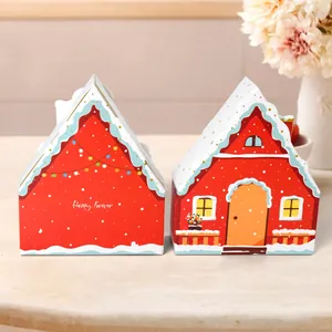 Festive red house-shaped cookie gift boxes with snow roof and Happy Forever text